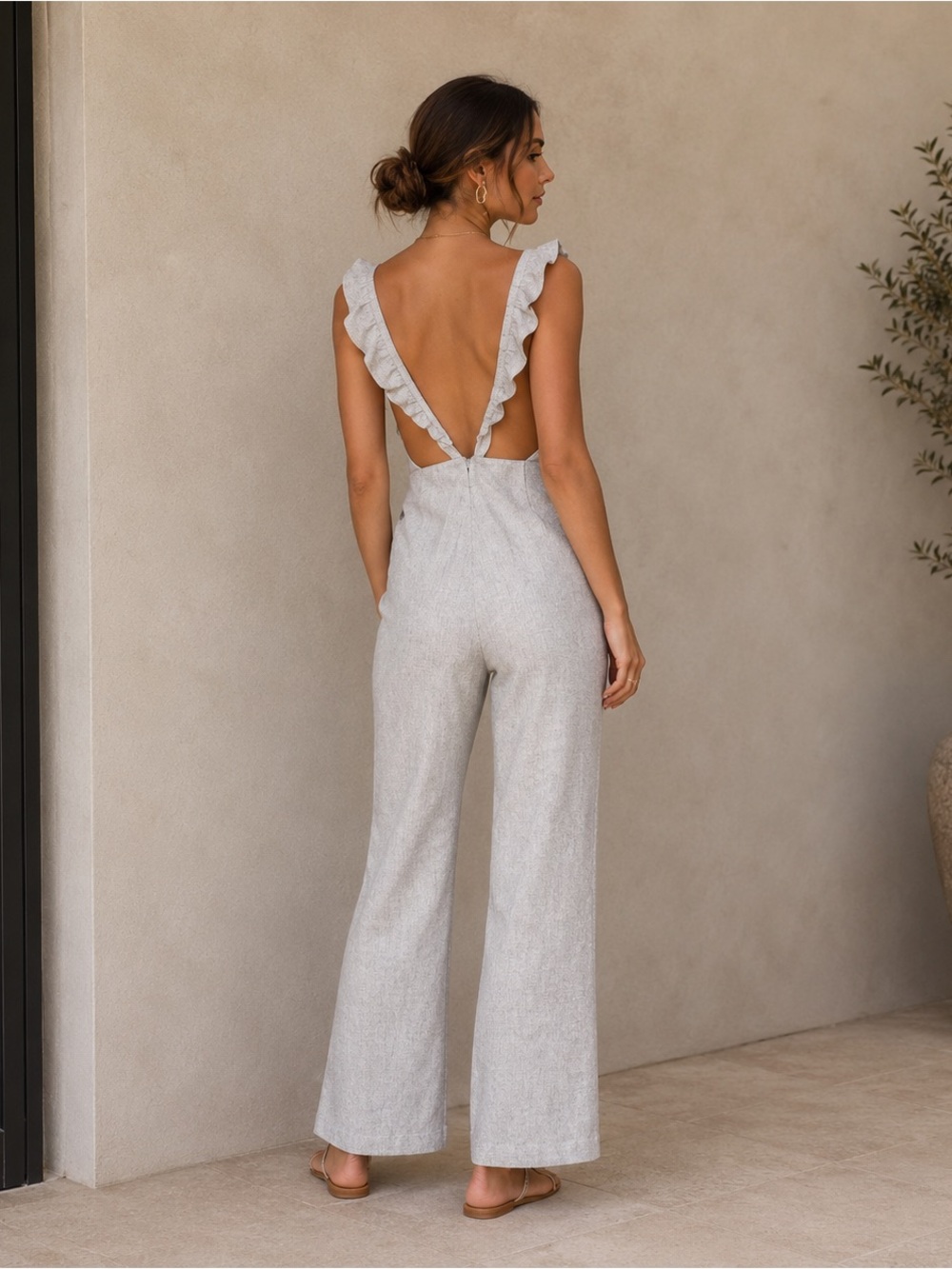 lovers + friends kat linen blend ruffle strap jumpsuit with pockets Aug sale
